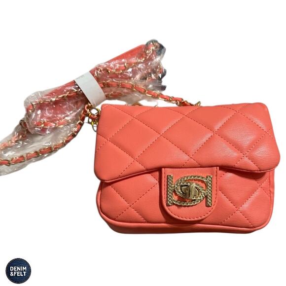 NEW bebe Wyatt Quilted Mini Shoulder Bag Salmon Orange Gold Chain Logo Charm - Picture 3 of 13